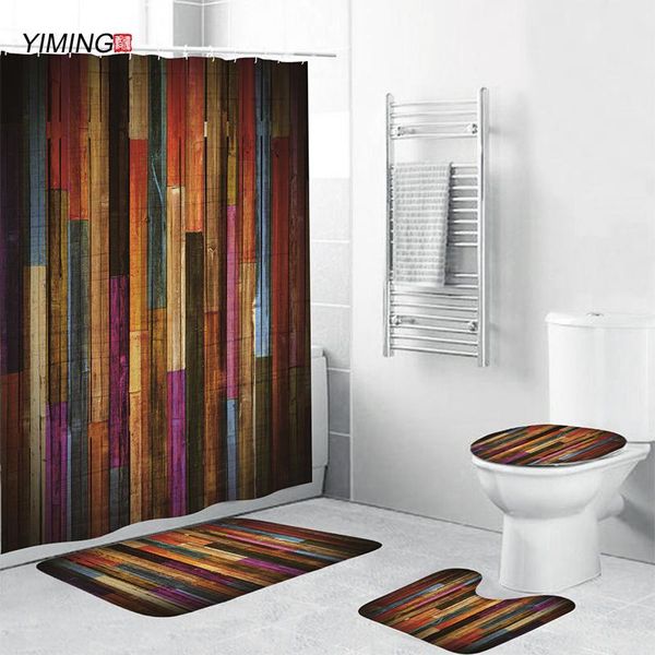 shower curtains 180x180cm bathroom curtain set color wood printed non-slip carpet toilet cushion cover